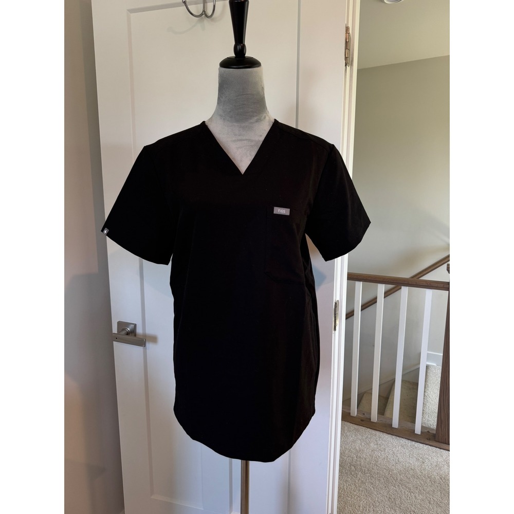 FIGS Technical Collection Black V-Neck Scrub Top Womens XS Short Sleeve Pocket